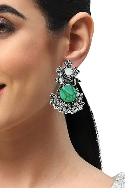 Green Silver Oxidized Drop Earrings